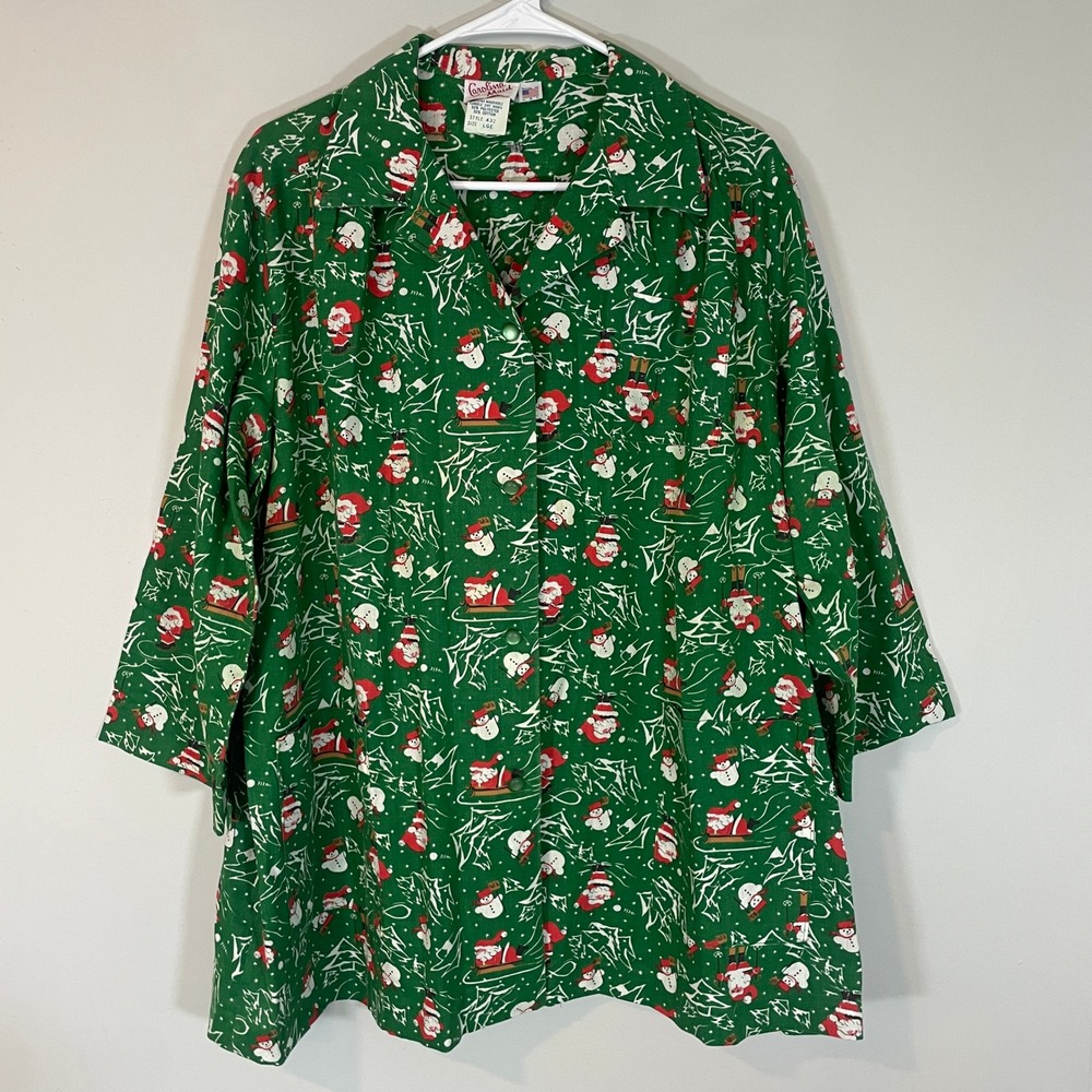 VTG Carolina Maid Christmas Smock Top Green Santa Snowman L USA Oversized